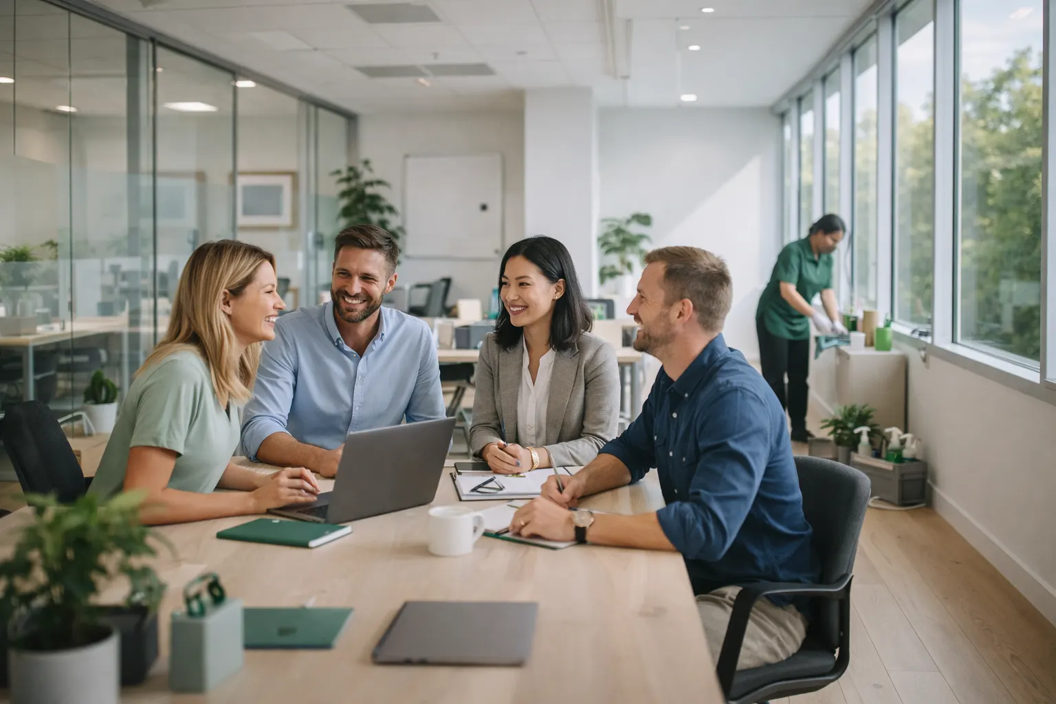 Professional team collaborating in a clean, eco-friendly office environment